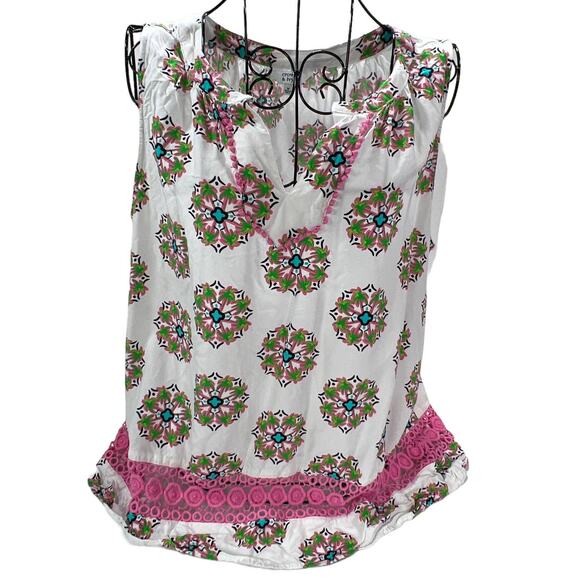 Crown & Ivy Sleeveless Palm Tree Print Tank Top Shirt Blouse Medium White Pink - Picture 1 of 11